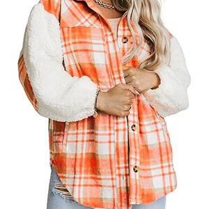 Sherpa & Flannel Women's Shacket Jacket Large Western Boho Hippie Coral Orange